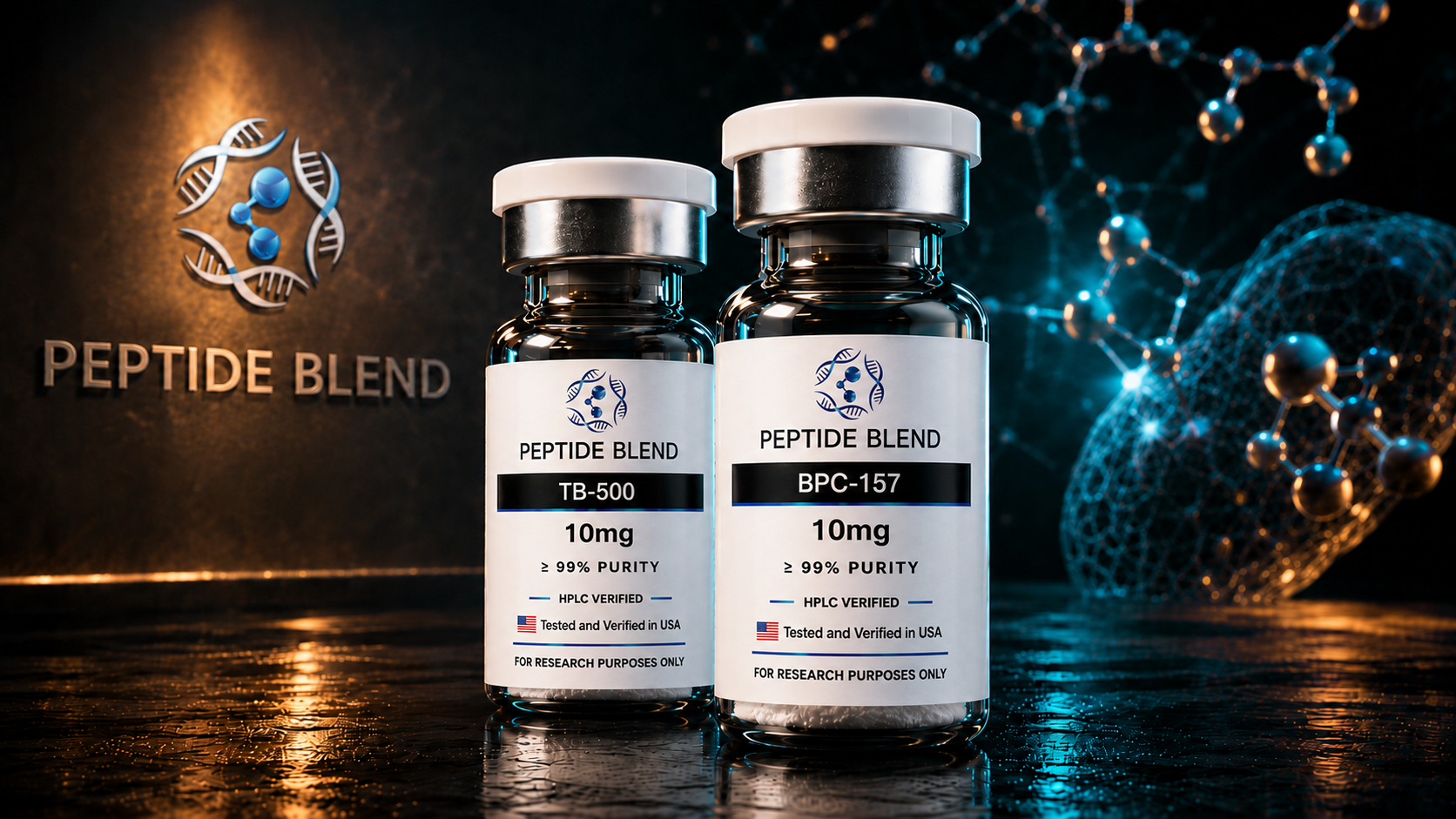 BPC-157 and TB-500 research peptides in vials, HPLC verified, for laboratory research use.