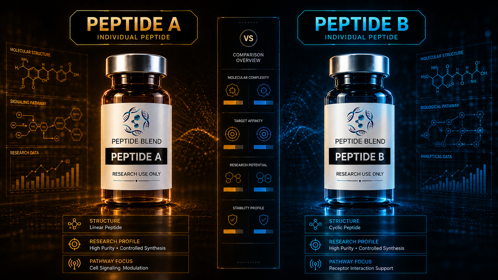 Peptide A vs. Peptide B comparison chart for research use, illustrating molecular structure and signaling