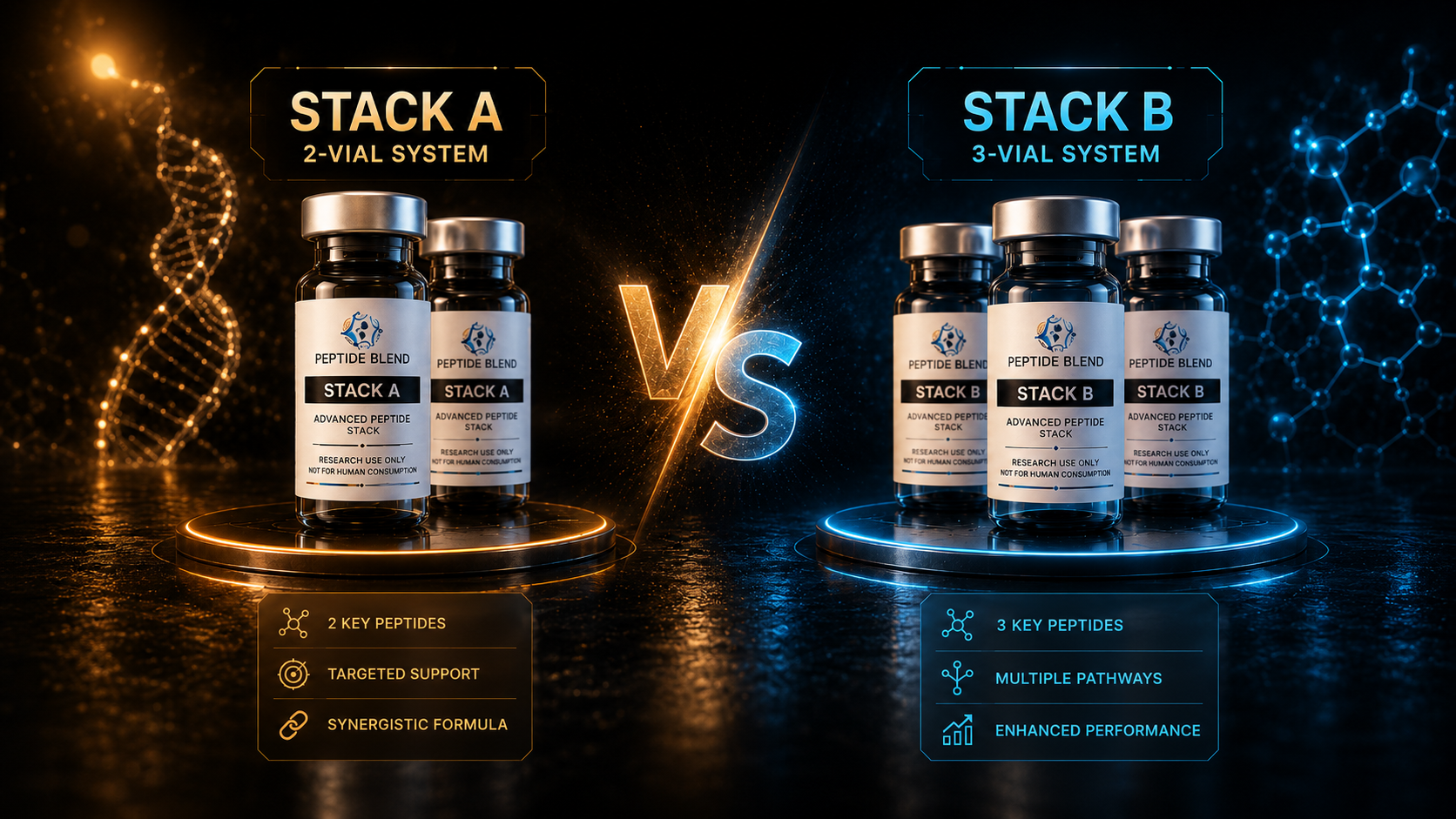 PeptideBlend research peptide stacks comparison: Stack A 2-vial system versus Stack B 3-vial system.